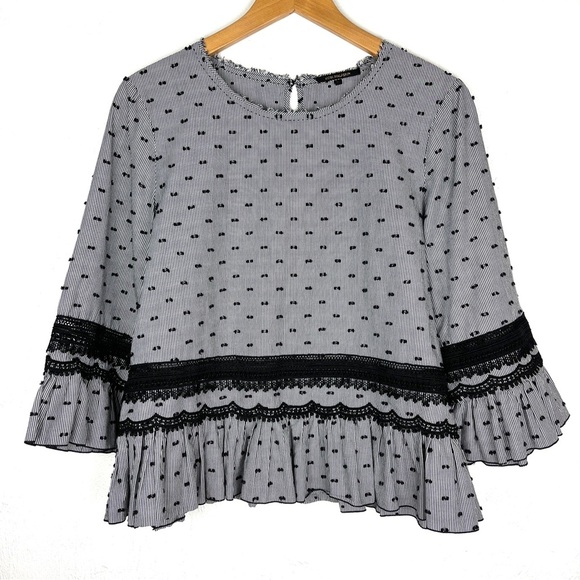 Kobi Halperin Swiss Dot Black White Pin Stripe Crochet Lace Trim Top size medium - Picture 1 of 4